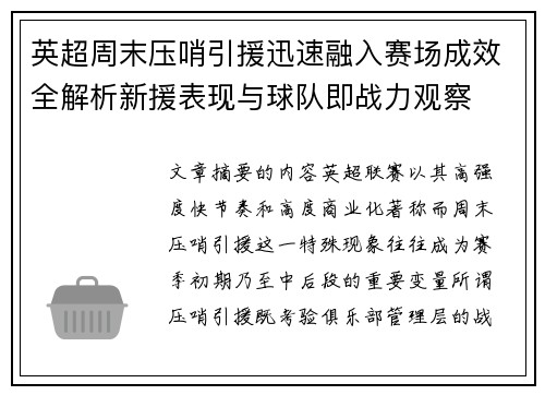 英超周末压哨引援迅速融入赛场成效全解析新援表现与球队即战力观察