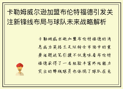 卡勒姆威尔逊加盟布伦特福德引发关注新锋线布局与球队未来战略解析